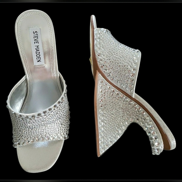 Holiday Rinestone Silver 8.5 Bling Sexy Sculpture Formal Heel Mule New - Picture 2 of 11